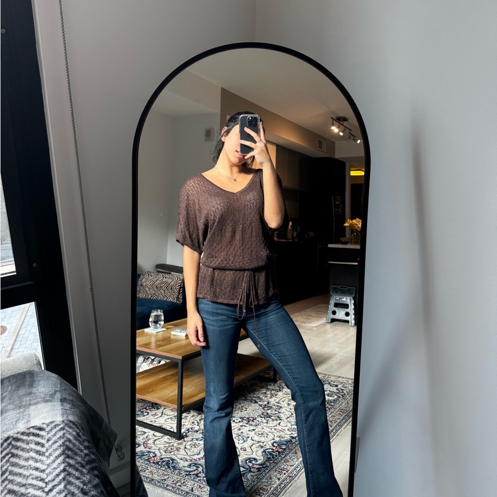 Brown Knit Top with Drawstring